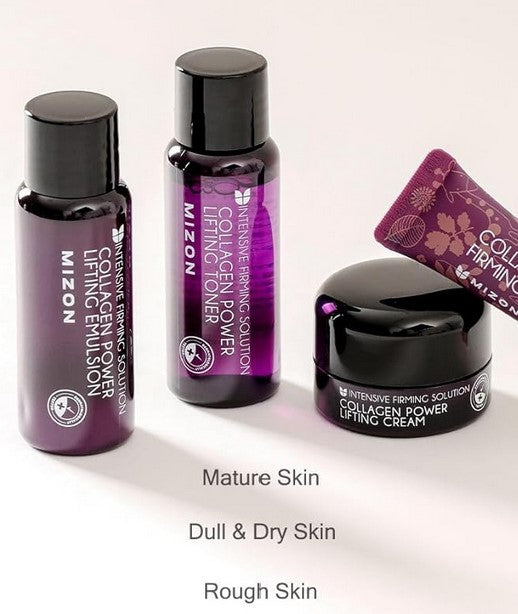 Mizon Collagen Mini Set displaying essential products aimed at improving mature skin, with vibrant purple tones and labeled bottles.
