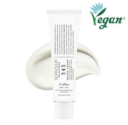 Dr. Althea 345 Relief Cream tube on a textured surface with a swatch of the cream, emphasizing its vegan certification and skin-nourishing benefits.