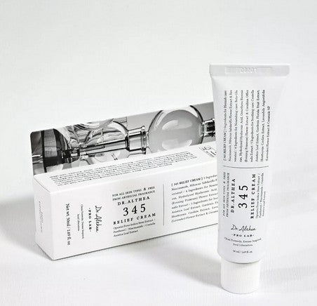 Dr. Althea 345 Relief Cream tube next to its elegantly designed box, showcasing the product's minimalist packaging ideal for effective skin care.