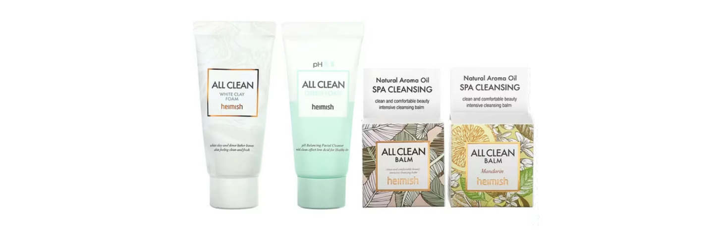 Close-up of Heimish Mini Trial Cleansing Kit showcasing the All Clean White Clay Foam, All Clean Green Foam, and All Clean Balms, perfect for a refreshing cleanse.