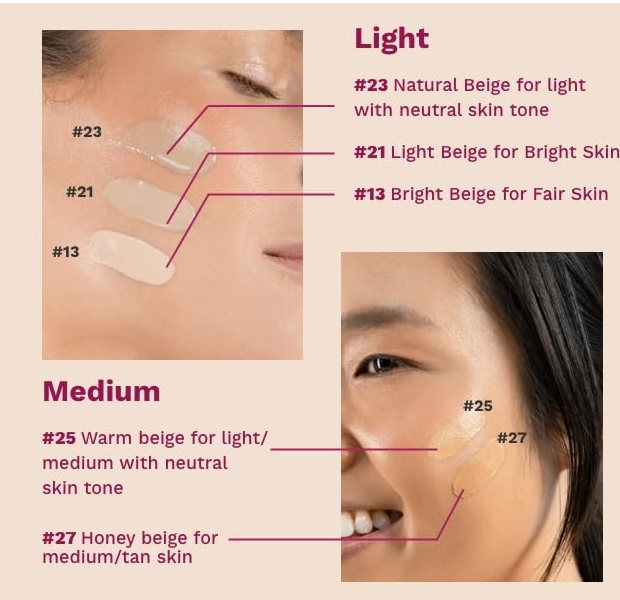 Comparison image showing swatches of Missha M Perfect Covering BB Cream SPF 42 PA++ No 23 Natural Beige among other shades for light skin tones.