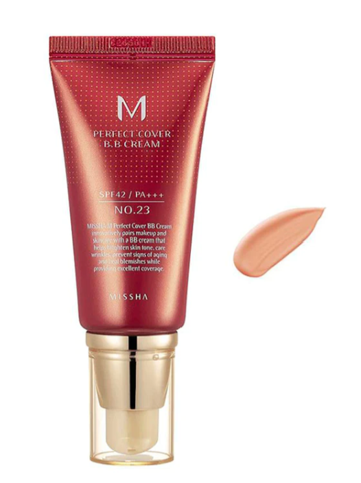 Beautifully plated Missha M Perfect Covering BB Cream SPF 42 PA++ No 23 Natural Beige next to a swatch, highlighting its lightweight formula.