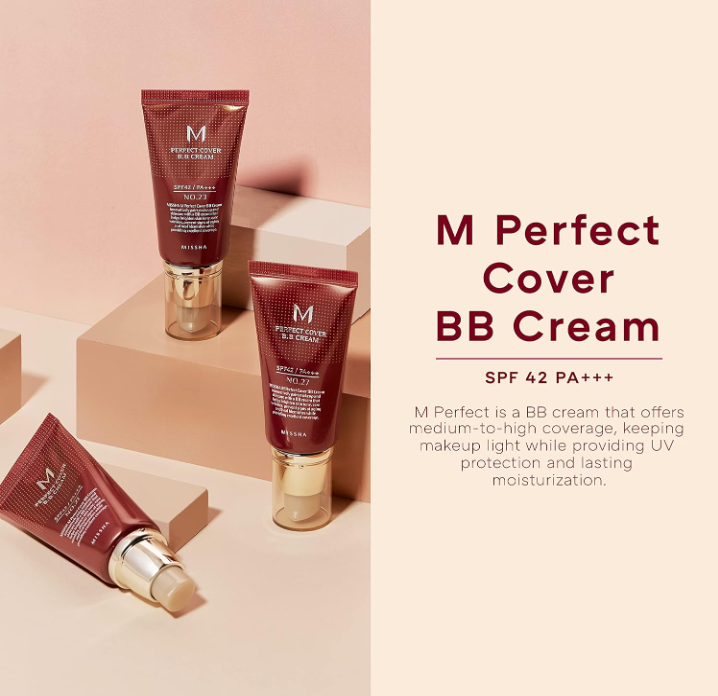 Three tubes of Missha M Perfect Covering BB Cream SPF 42 PA++ No 23 Natural Beige elegantly arranged, emphasizing its UV protection and hydration.
