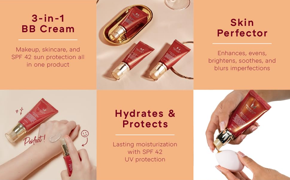 Detailed infographic showcasing the features of Missha M Perfect Covering BB Cream SPF 42 PA++ No 23 Natural Beige including its 3-in-1 formula.