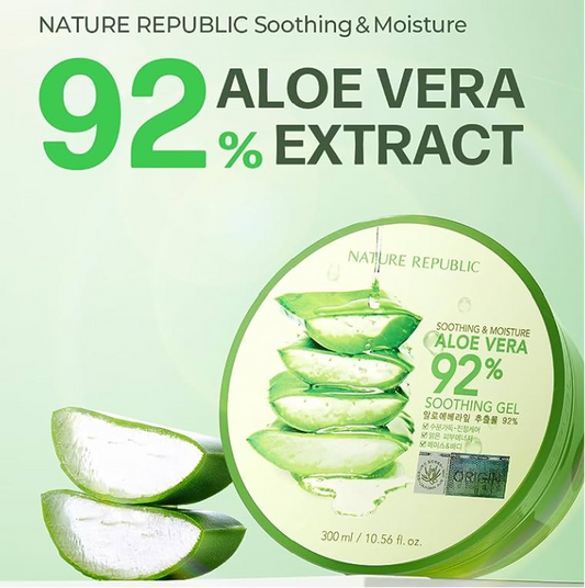 Nature Republic Soothing & Moisture Aloe Vera 92% Gel prominently featuring a bold '92%' and showcasing the product alongside vibrant aloe vera, perfect for hydration lovers.