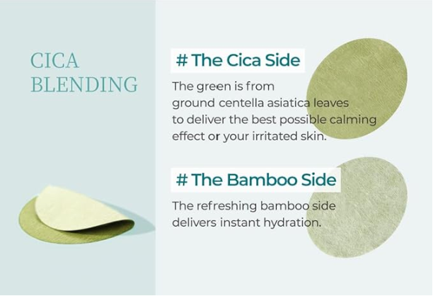 An informative image highlighting the unique Cica and Bamboo sides of Numbuzin Centella Re-Leaf Green Toner Pad for ultimate skin soothing.