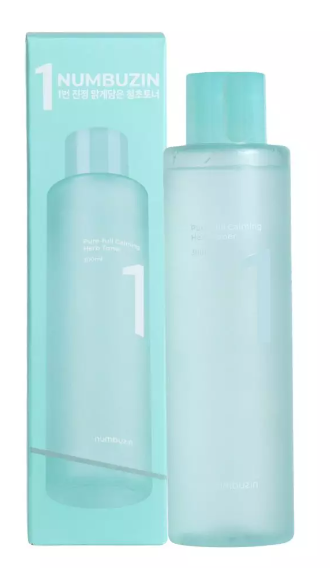 Numbuzin Pure Full Calming Herb Toner displayed in its packaging, emphasizing its calming benefits and appealing visual design.