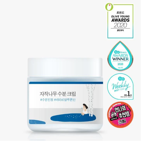 Round Lab Birch Juice Moisturizing Pad jar adorned with various beauty awards, symbolizing its recognition and effectiveness, featuring artistic illustrations and branding elements.