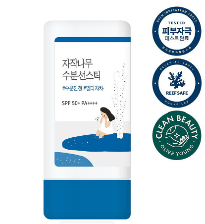 Round Lab Birch Juice Moisturizing Sun Stick displayed with certifications including Reef Safe and Clean Beauty, highlighting its skin-friendly ingredients and superior SPF 50+ PA++++ protection.