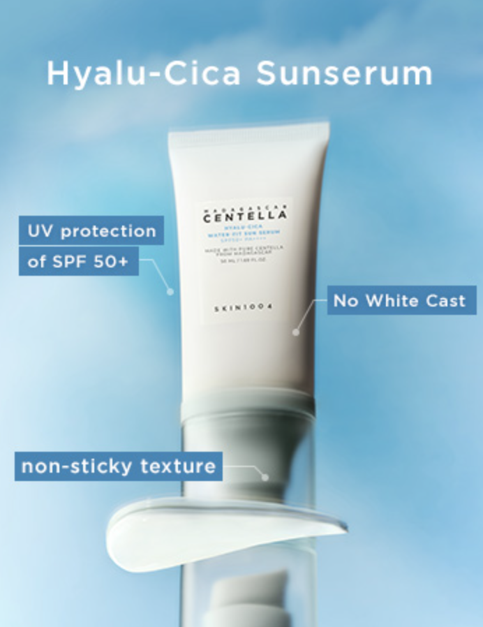 A promotional image of Skin1004 Madagascar Centella Hyalu-Cica Water-Fit Sun Serum highlighting its SPF 50+ protection and non-sticky texture, ideal for daily sun care.