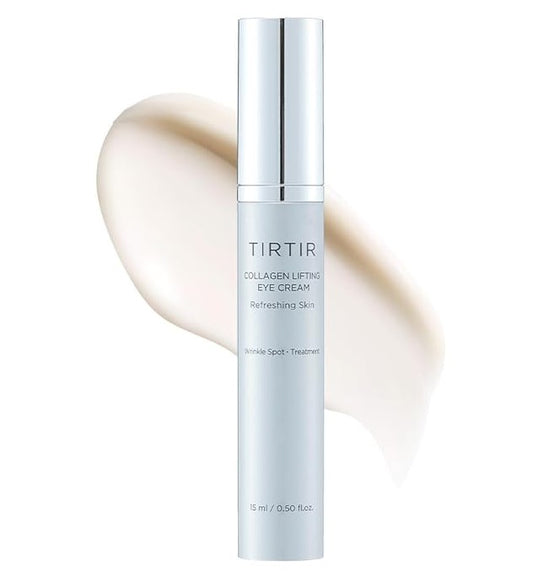 A view of TIRTIR Collagen Lifting Eye Cream next to a creamy product swatch, showcasing its hydrating properties for skin rejuvenation.
