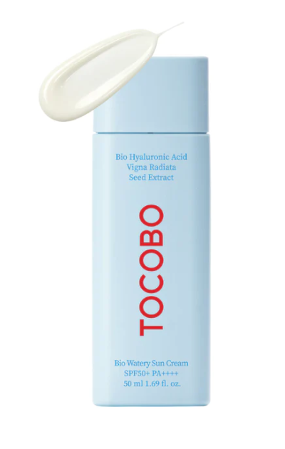 Tocobo Bio Watery Sun Cream with a small amount of cream squeezed out, illustrating its moisturizing texture without leaving a white cast.
