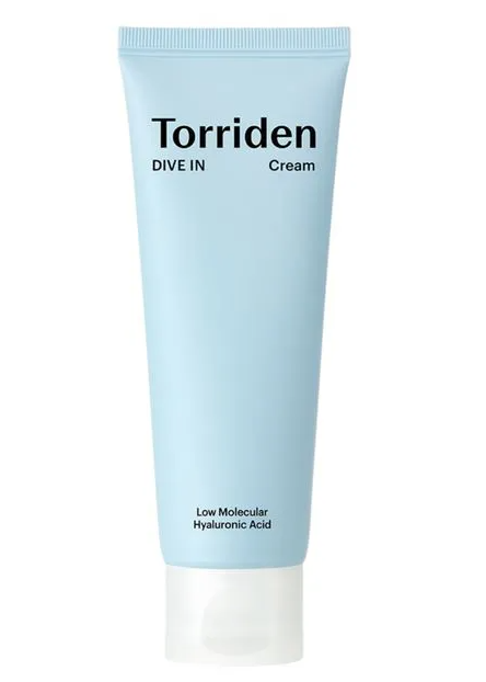 Front view of Torriden Dive-In Low Molecular Hyaluronic Acid Cream tube, showcasing its soothing pastel blue exterior.