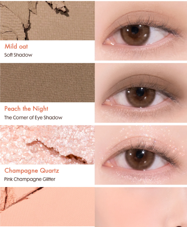 A detailed color chart from rom&nd showcasing Fresh Peach, Dew It Peach, and Bare Apricot, along with matching eye looks for inspiration.