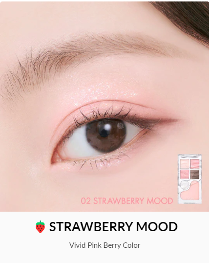 Close-up of an eye adorned with the rom&nd Strawberry Mood palette shade, radiating a vivid pink berry look that's sure to impress.
