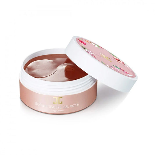 The lid of the JayJun Roselle Tea Eye Gel Patch jar is lifted, revealing the gel patches beneath. Ideal for hydration and brightening, these Eye Gel Patches add a touch of elegance to your skincare routine.