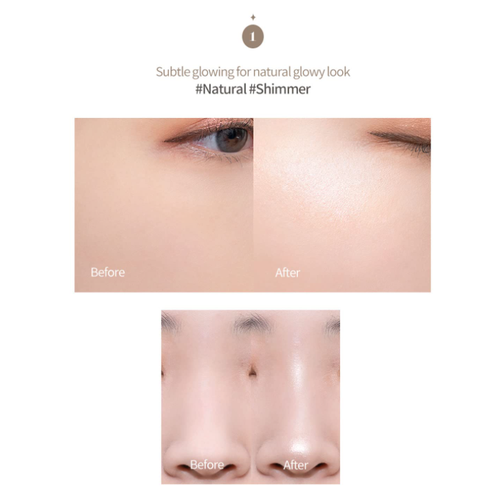 Before and after images demonstrating the glow-enhancing effect of rom&nd See-Through Veil Lighter, emphasizing its shimmering properties.