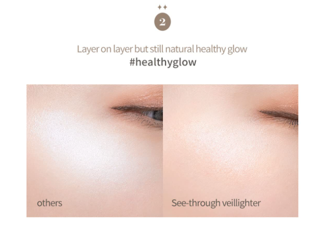 Comparison showcasing the layering of rom&nd See-Through Veil Lighter against other highlighters, underlining its natural glow.