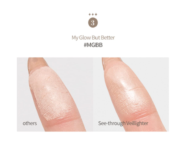 Comparison image of rom&nd See-Through Veil Lighter and another product on finger tips, highlighting its smoother application and natural finish.