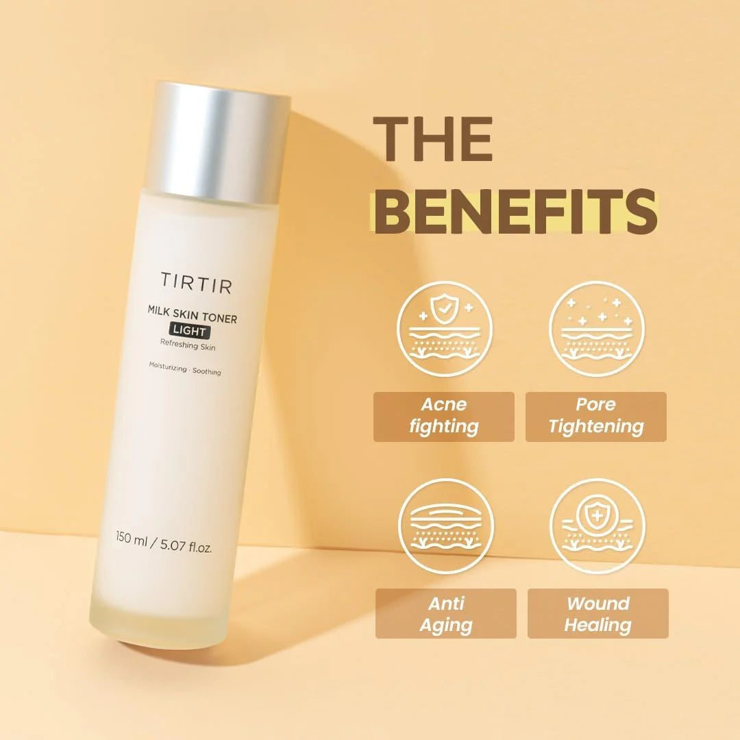 Tirtir Milk Skin Toner LIGHT bottle on a vibrant yellow background, emphasizing its benefits for acne fighting, pore tightening, anti-aging, and wound healing.