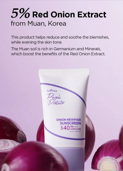 Isntree Onion Newpair Sunscreen SPF40 Pa+++ displayed alongside fresh red onions, showcasing its key ingredient that soothes and evens skin tone. A vital addition for those seeking anti-aging benefits.