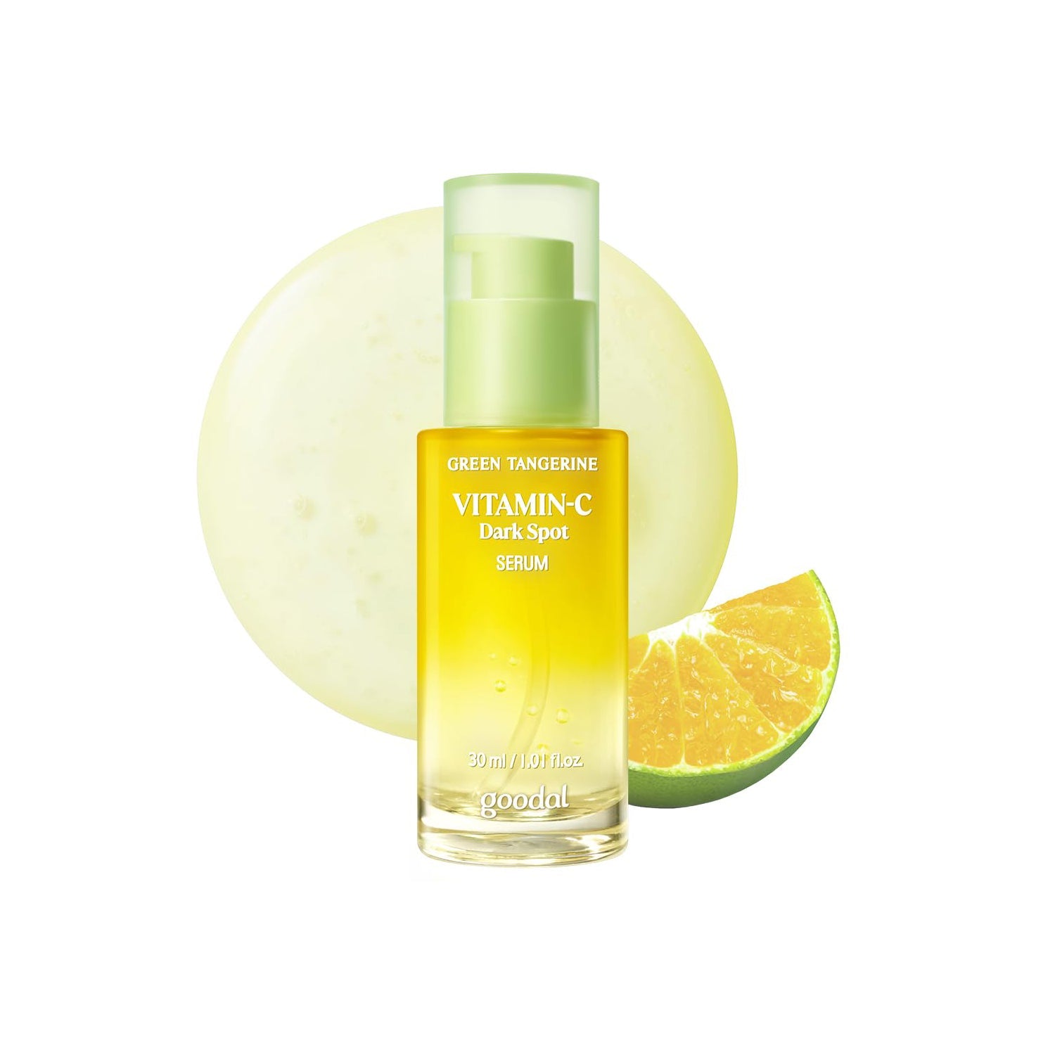 Goodal Green Tangerine Vitamin-C Dark Spot Serum with vibrant yellow packaging, featuring a slice of tangerine and a circular gel background, designed to brighten and reduce dark spots for radiant skin.