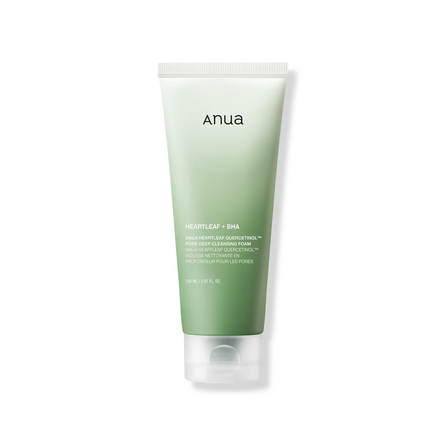 Anua Heartleaf Quercetinol Pore Deep Cleansing Foam, 150ml, featuring a sleek green tube with white and black text, designed for deep cleansing and gentle exfoliation for a refreshed complexion.