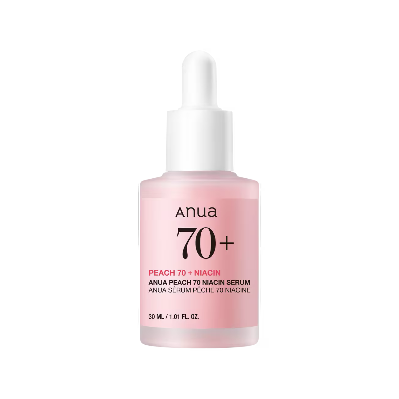 Anua Peach 70+ Niacin Serum in a sleek pink bottle, featuring a dropper for precise application. This skincare product is designed to hydrate and brighten the skin while improving texture, infused with peach extract and niacinamide for a radiant glow.