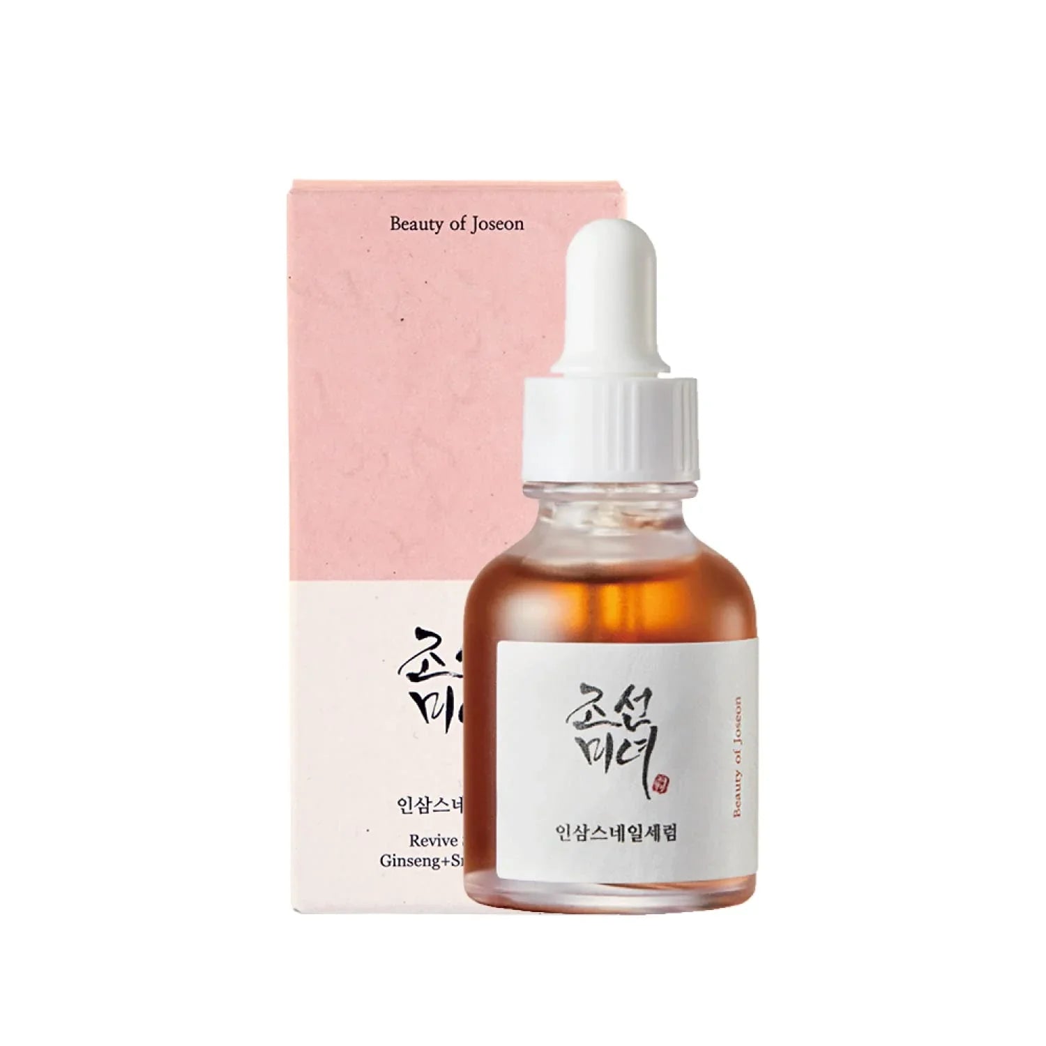 Beauty of Joseon Revive Serum featuring Ginseng and Snail Mucin. The serum is in a clear glass bottle with a white dropper cap, set against a soft pink box. Ideal for anti-aging, nourishing the skin, and enhancing a glowing complexion.