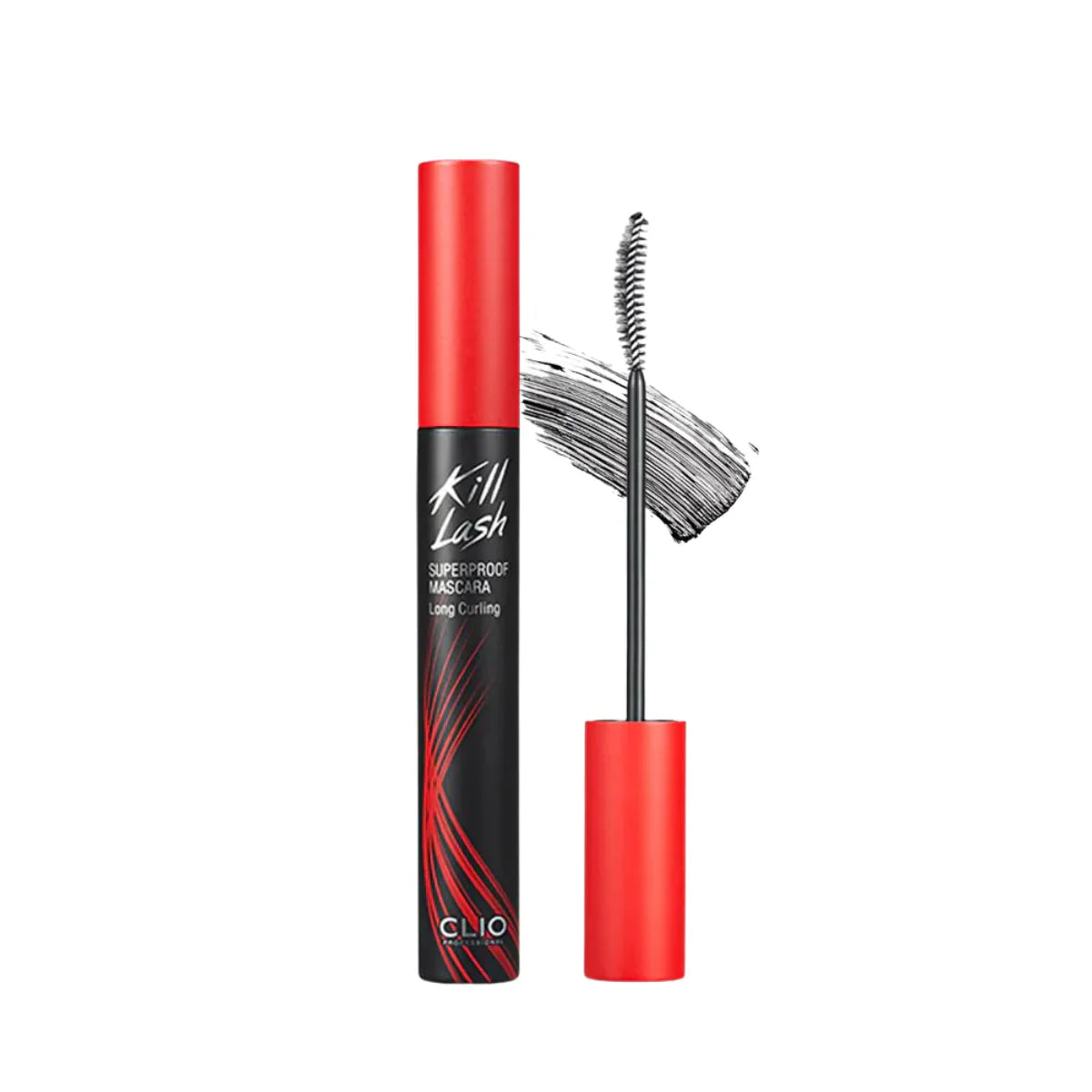 Clio Kill Lash Superproof Mascara in a sleek tube, showcasing its innovative long curling brush design. Perfect for achieving voluminous, long-lasting lashes with a clump-free application.