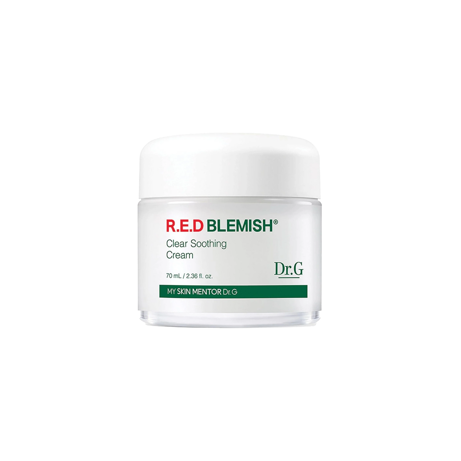 Dr. G R.E.D Blemish Clear Soothing Cream, a hydrating face moisturizer designed for redness relief with a 5-Cica Complex, presented in a sleek white jar. Perfect for soothing irritated skin and improving overall texture, suitable for various skin types.