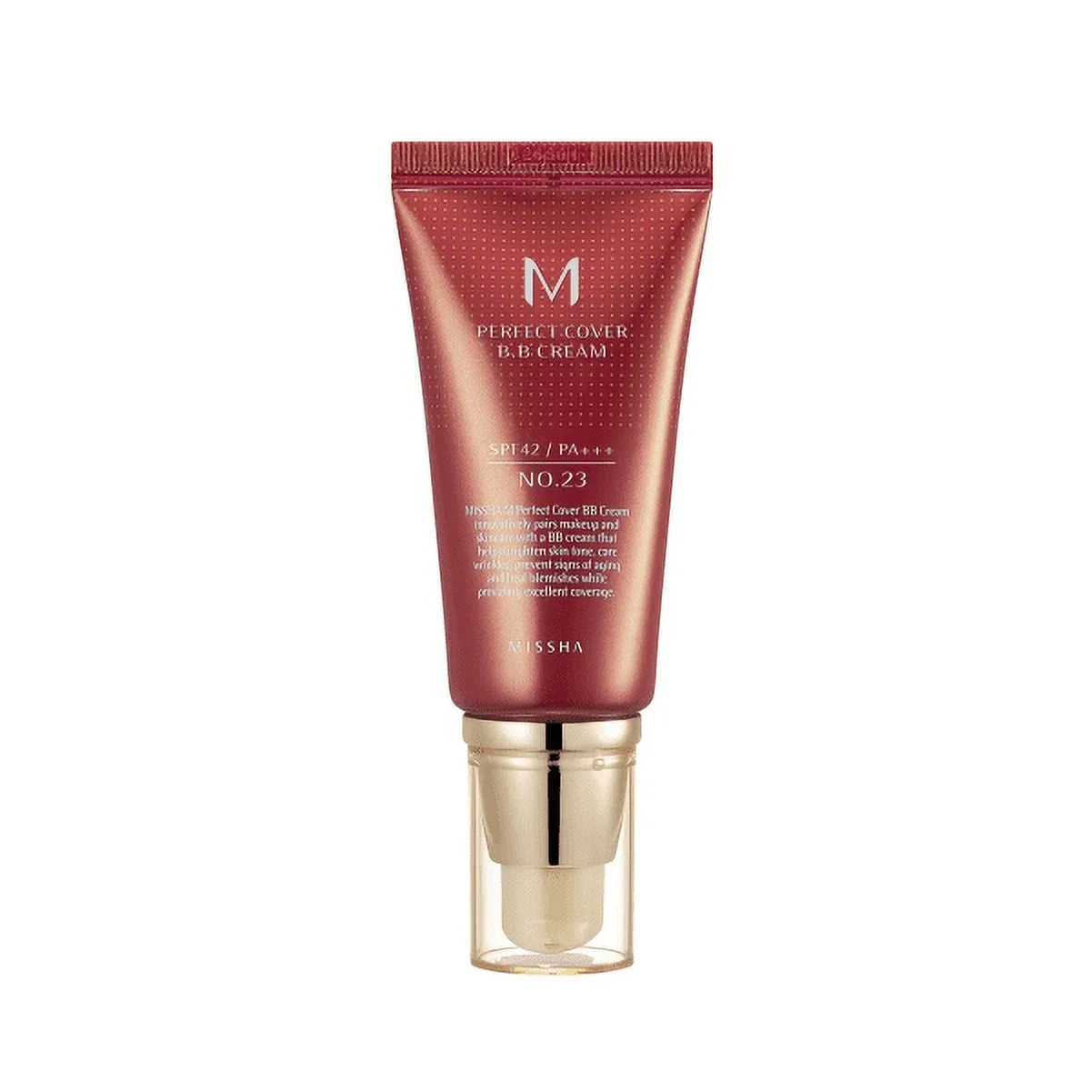 Missha M Perfect Covering BB Cream No. 23 in a sleek, red tube with SPF 42, designed for flawless, long-lasting coverage. Perfect for achieving a smooth complexion and natural glow.