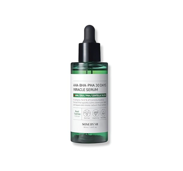 SOMEBYMI AHA-BHA-PHA 30 Days Miracle Serum in a sleek glass bottle, featuring a dropper top. The serum is designed for exfoliating and calming the skin with AHA, BHA, and PHA ingredients, promising clear and vibrant skin.