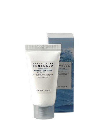 Skin1004 Madagascar Centella Hyalu-Cica Water-Fit Sun Serum Mini SPF50+ PA++++, featuring a white tube design with a blue ocean-themed box, providing lightweight, hydrating sun protection without a white cast.