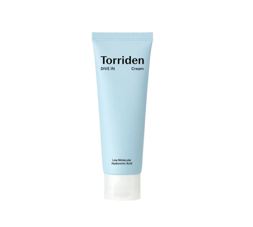 Torriden Dive-In Cream featuring a soft blue tube, labeled with 'Dive In Cream' and 'Low Molecular Hyaluronic Acid', designed for intense hydration and plump skin.