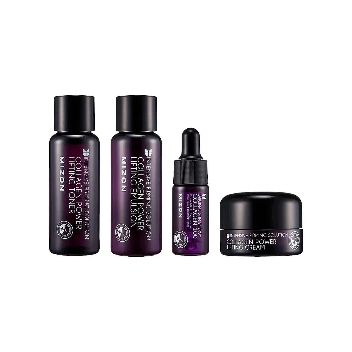 Mizon Collagen Mini Set featuring four anti-aging skincare products: Collagen Power Lifting Toner, Collagen Power Lifting Emulsion, Collagen 100 Serum, and Collagen Power Lifting Cream. Perfect for firming and enhancing skin elasticity.