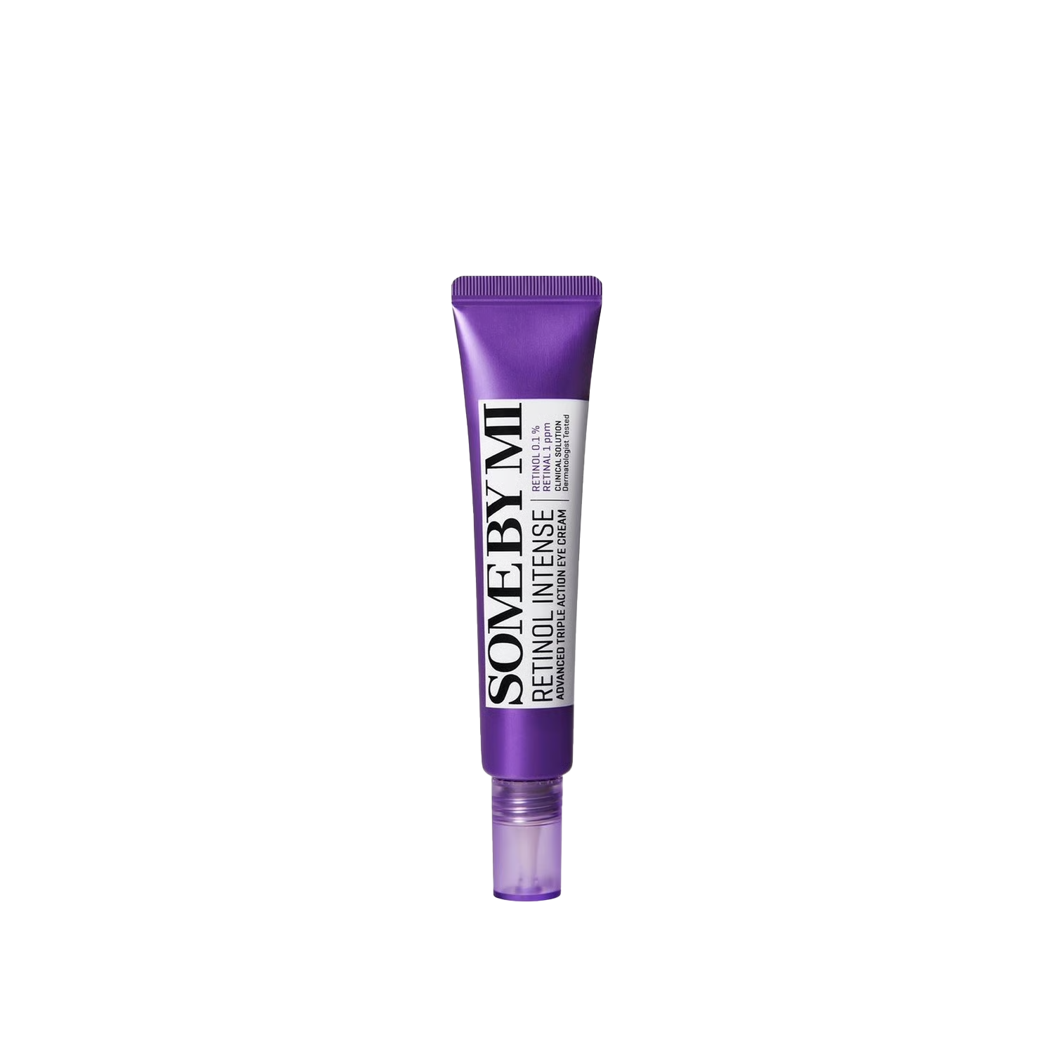 Some By Mi Retinol Intense Advanced Triple Action Eye Cream in a vibrant purple tube, featuring retinol for anti-aging and hydrating benefits, ideal for sensitive skin.