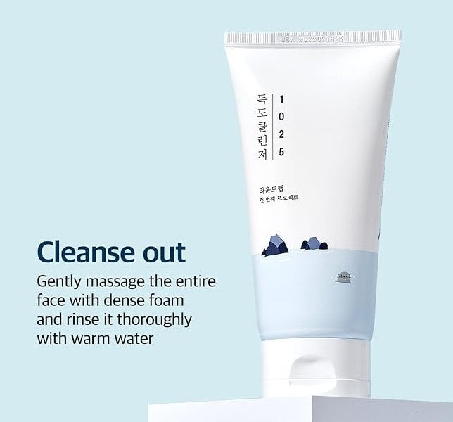 Round Lab 1025 Dokdo Cleanser tube with instructional text emphasizing gentle cleansing, ideal for maintaining skin health.