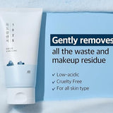 Round Lab 1025 Dokdo Cleanser tube displaying text about its low-acidic formula, suitable for all skin types, focusing on gentle makeup removal.