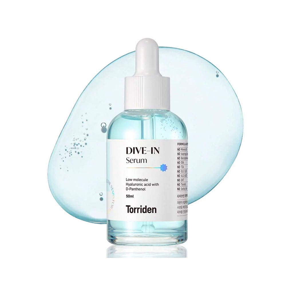 Torriden Dive In Serum bottle with a dropper against a light blue background, showcasing the serum's watery texture.