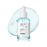 Torriden Dive In Serum bottle with a dropper against a light blue background, showcasing the serum's watery texture.
