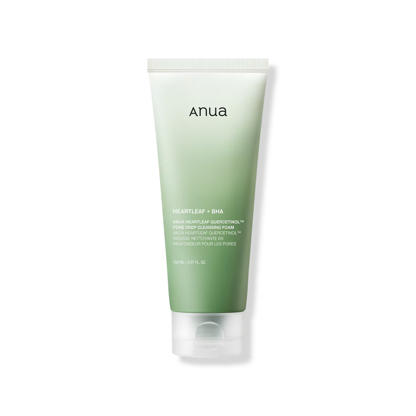 ANUA Heartleaf Quercetinol Pore Deep Cleansing Foam tube, featuring a sleek design with a green gradient and white text. Ideal for deep pore cleansing, gentle exfoliation, and hydration, this product enhances your skincare routine.