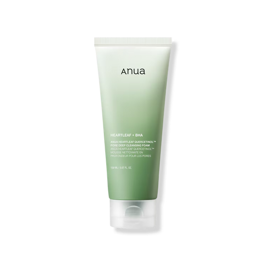 ANUA Heartleaf Quercetinol Pore Deep Cleansing Foam tube, featuring a sleek design with a green gradient and white text. Ideal for deep pore cleansing, gentle exfoliation, and hydration, this product enhances your skincare routine.
