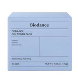 Biodance Cera-Nol Gel Toner Pads box showcasing the product’s key features, including moisturizing and hydrating benefits, in a sleek light blue design.