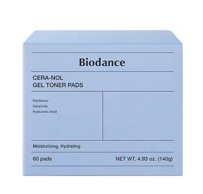 Biodance Cera-Nol Gel Toner Pads box showcasing the product’s key features, including moisturizing and hydrating benefits, in a sleek light blue design.