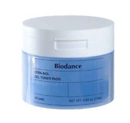 Biodance Cera-Nol Gel Toner Pads packaging, featuring a light blue tub with a white lid, designed for deep hydration and soothing skin care.