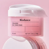 Biodance Collagen Gel Toner Pads prominently displayed with an emphasis on the elegant packaging and the pink gel pads for effective skincare.