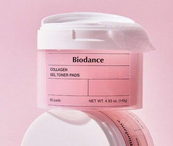 Biodance Collagen Gel Toner Pads prominently displayed with an emphasis on the elegant packaging and the pink gel pads for effective skincare.