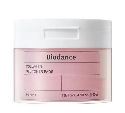 Biodance Collagen Gel Toner Pads product jar showcasing its sleek design and pink gel pads inside, ideal for skin hydration and elasticity enhancement.