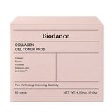 Biodance Collagen Gel Toner Pads box, presented in a minimalist design featuring product details, focusing on pore perfection and skin elasticity.